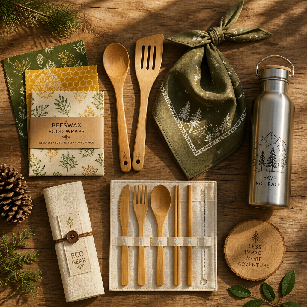 Eco-friendly camping gear including beeswax wraps, wooden utensils, and reusable bottles arranged on wood