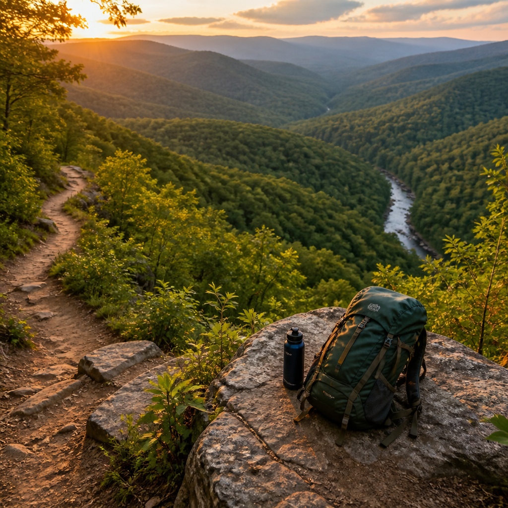 Forest hiking trail from above with eco-friendly backpack at scenic viewpoint