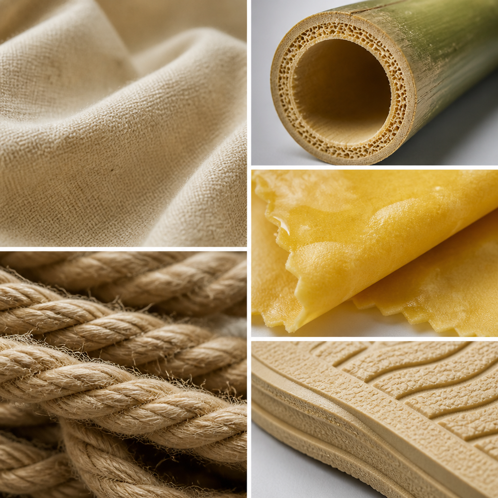 Close-up textures of sustainable materials including organic cotton, bamboo, and beeswax