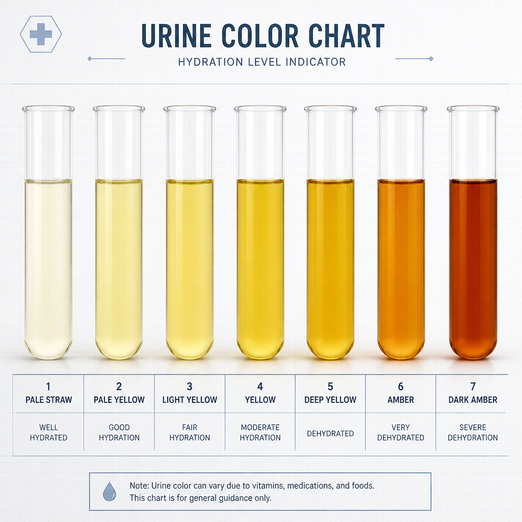 Urine color hydration chart ranging from pale yellow to dark amber