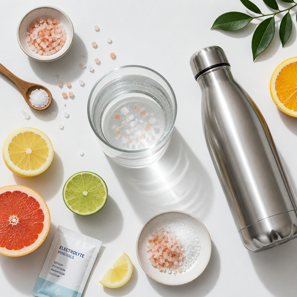 Hydration essentials including water, electrolytes, and minerals arranged on white surface
