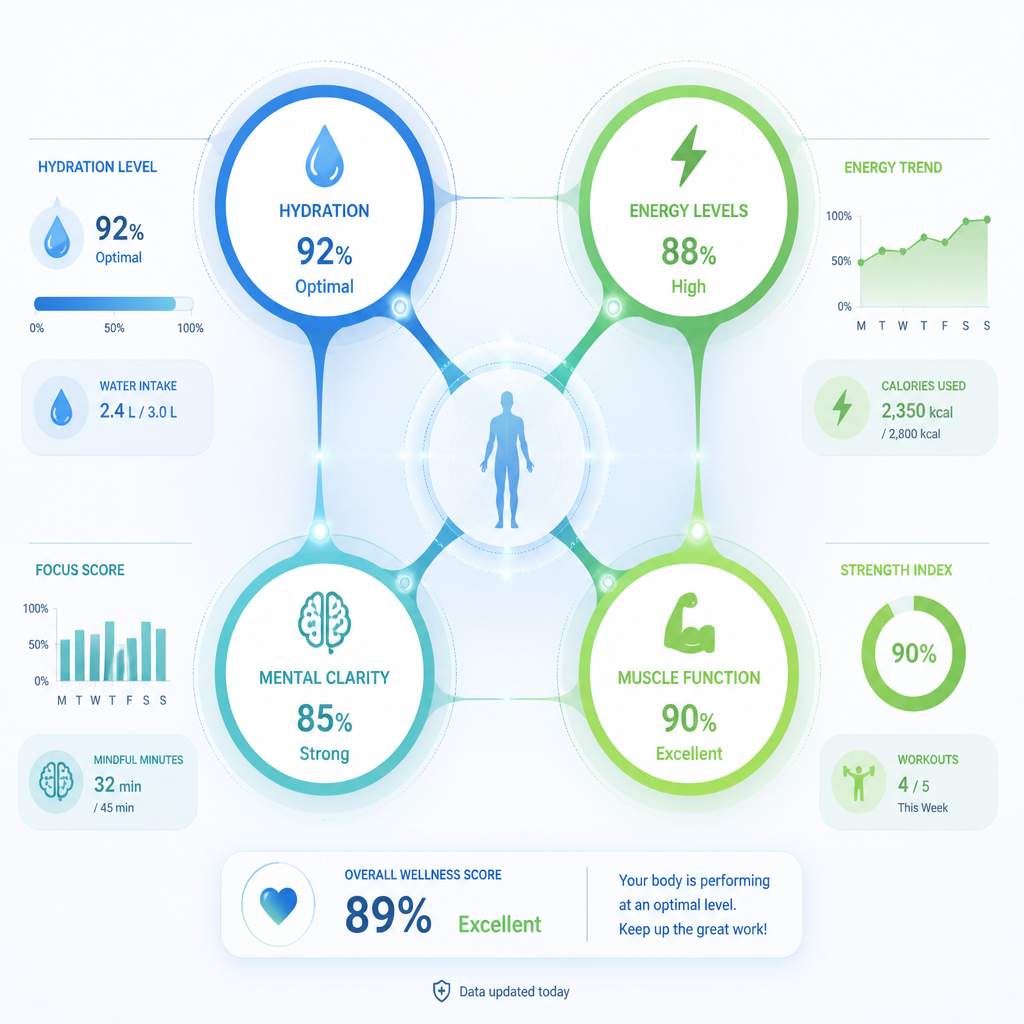 Abstract wellness metrics visualization showing hydration's connection to performance and health