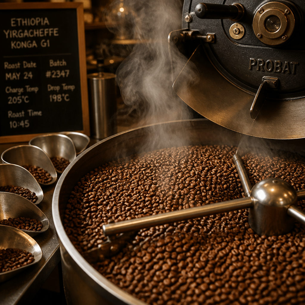 Professional coffee beans roasting in a specialty roastery with steam and precision equipment