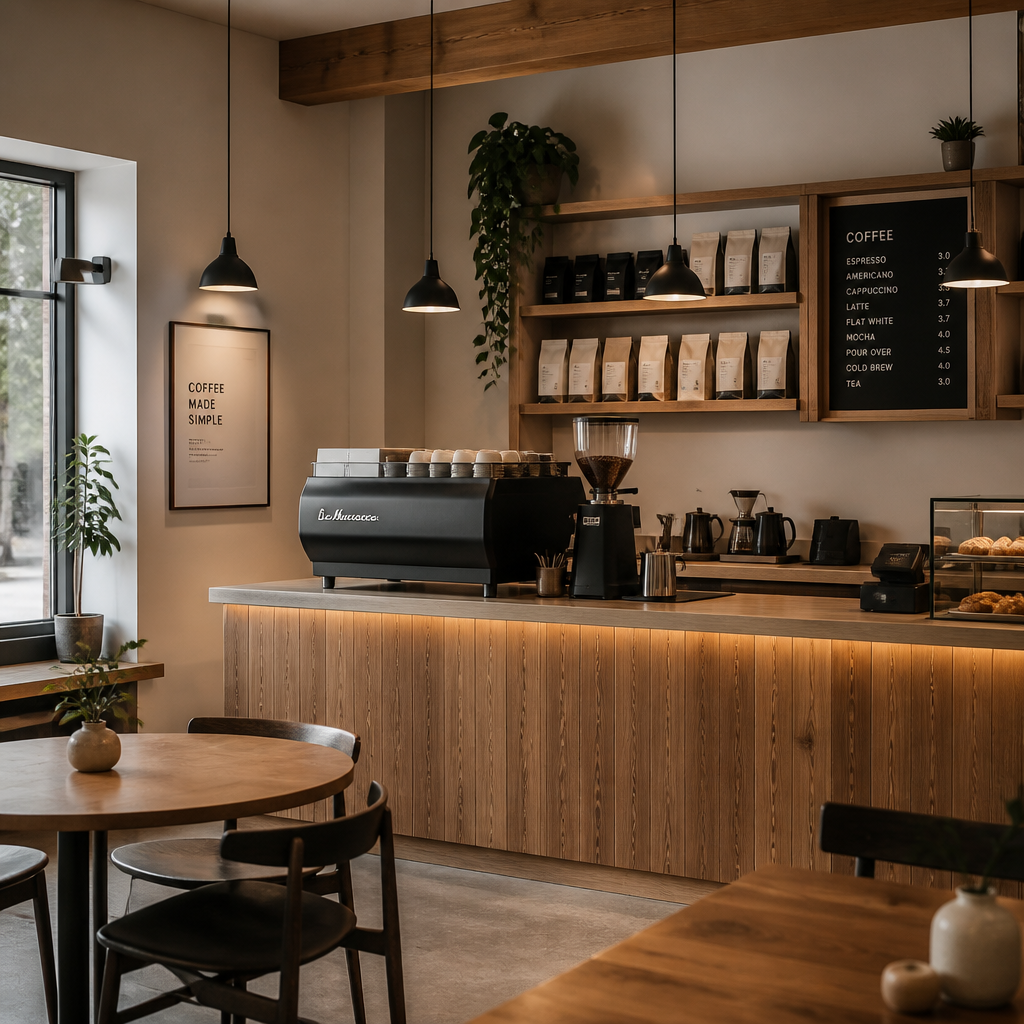 Contemporary independent cafe interior with specialty coffee display and espresso equipment