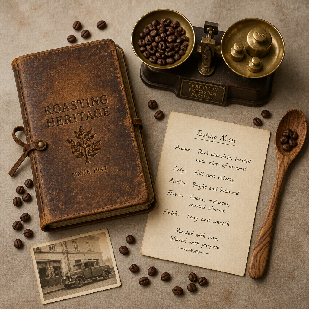 Vintage coffee roasting heritage objects arranged flat-lay style representing 200 years of expertise