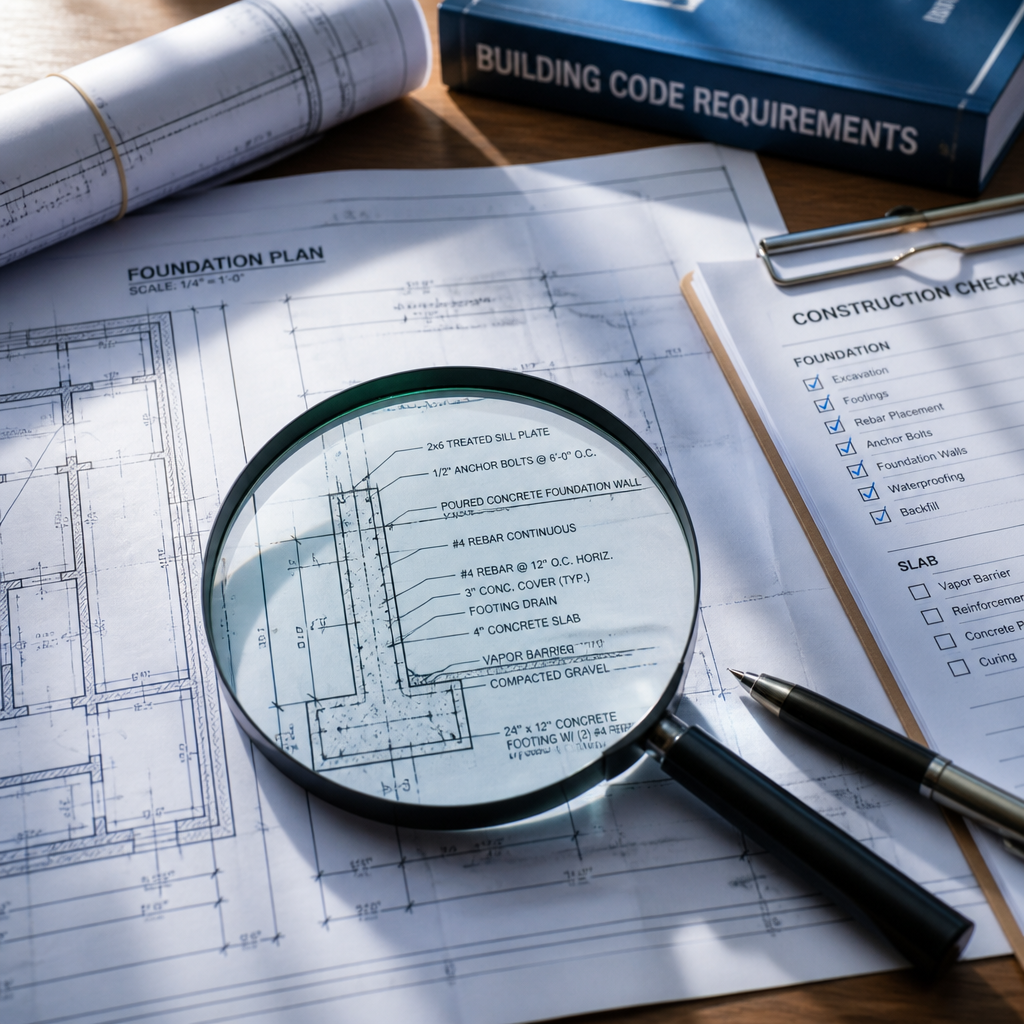 Blueprint and construction documents with magnifying glass examining structural plans on a table