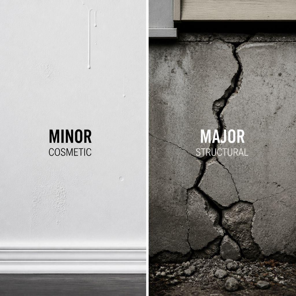 Comparison of cosmetic wall imperfections versus structural foundation damage in split-screen format