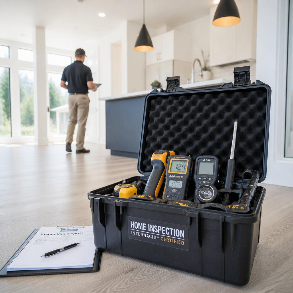 Professional home inspection tools and equipment laid out in a new construction home