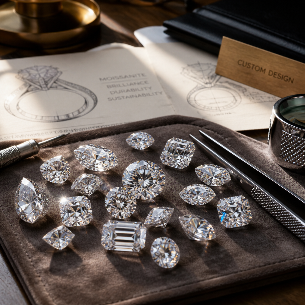Jeweler's workbench with loose diamonds and design tools in soft natural light