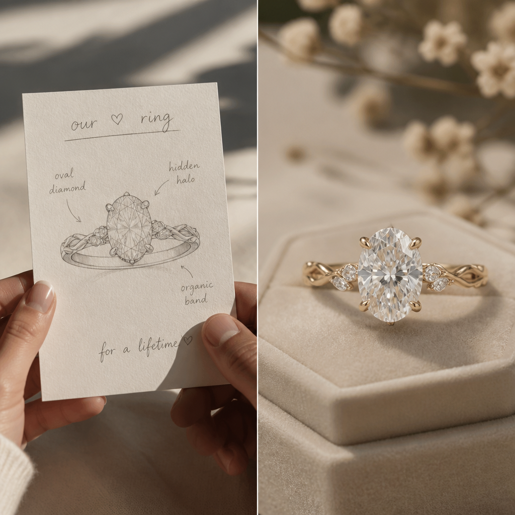 Conceptual pairing of hand-drawn ring design sketch with finished custom engagement ring