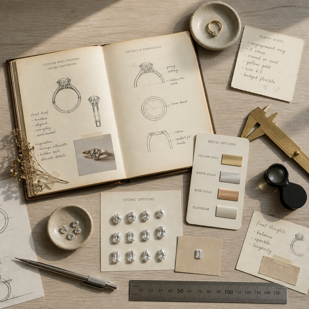 Flat-lay arrangement of custom ring design materials including sketches, metal swatches, and stone samples