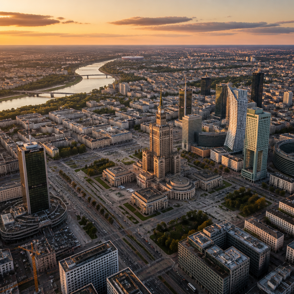 Widok z lotu ptaka na Warszawę z Pałacem Kultury i Nauki w centrum, rzeka Wisła i panorama miasta