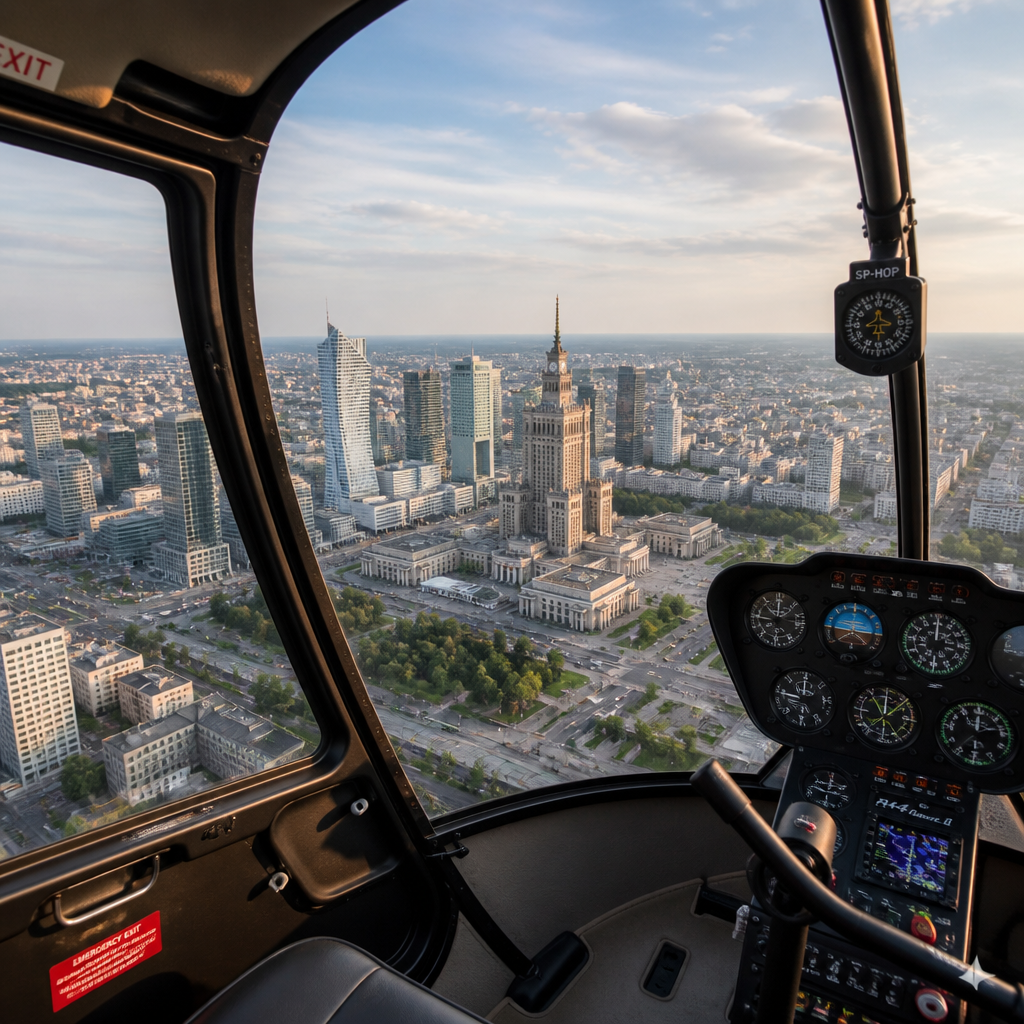 Widok z wnętrza helikoptera na Warszawę przez okna, perspektywa pasażera podczas lotu widokowego
