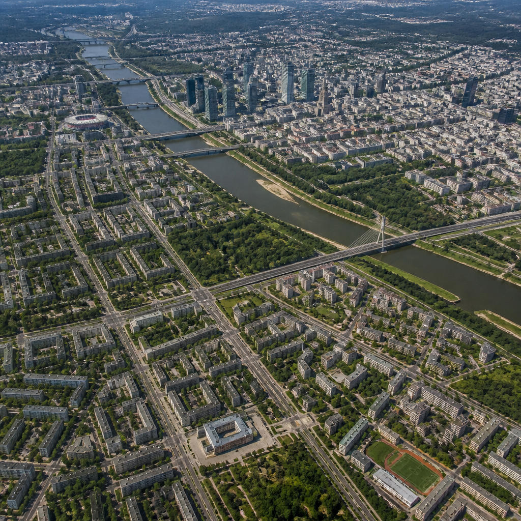 Struktura urbanistyczna Warszawy widoczna z powietrza - geometryczny układ ulic, parki i mosty nad Wisłą