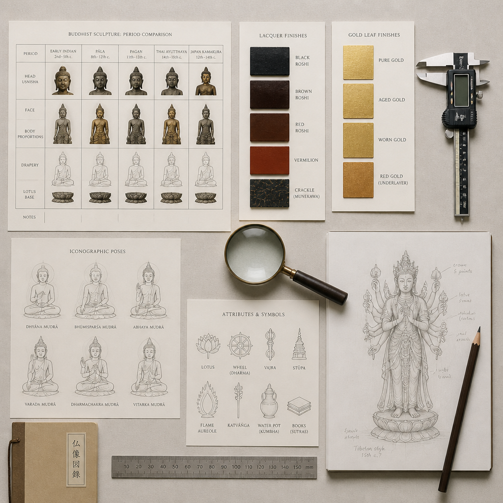 Documents de référence pour les collectionneurs, notamment des tableaux d'époque, des échantillons de matériaux et des outils de mesure pour l'authentification des sculptures bouddhistes.
