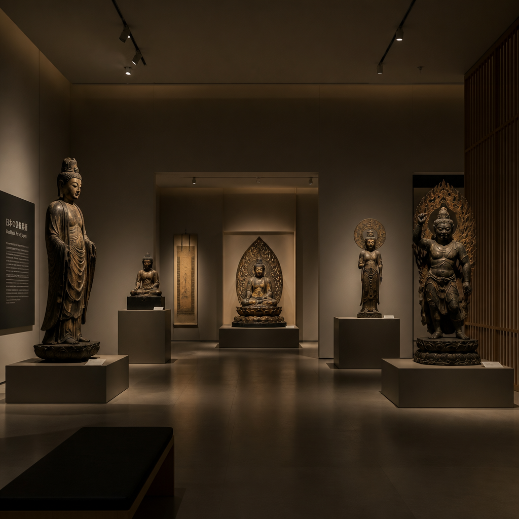 Galerie de musée présentant des sculptures bouddhistes japonaises de différentes périodes historiques sous un éclairage d'ambiance