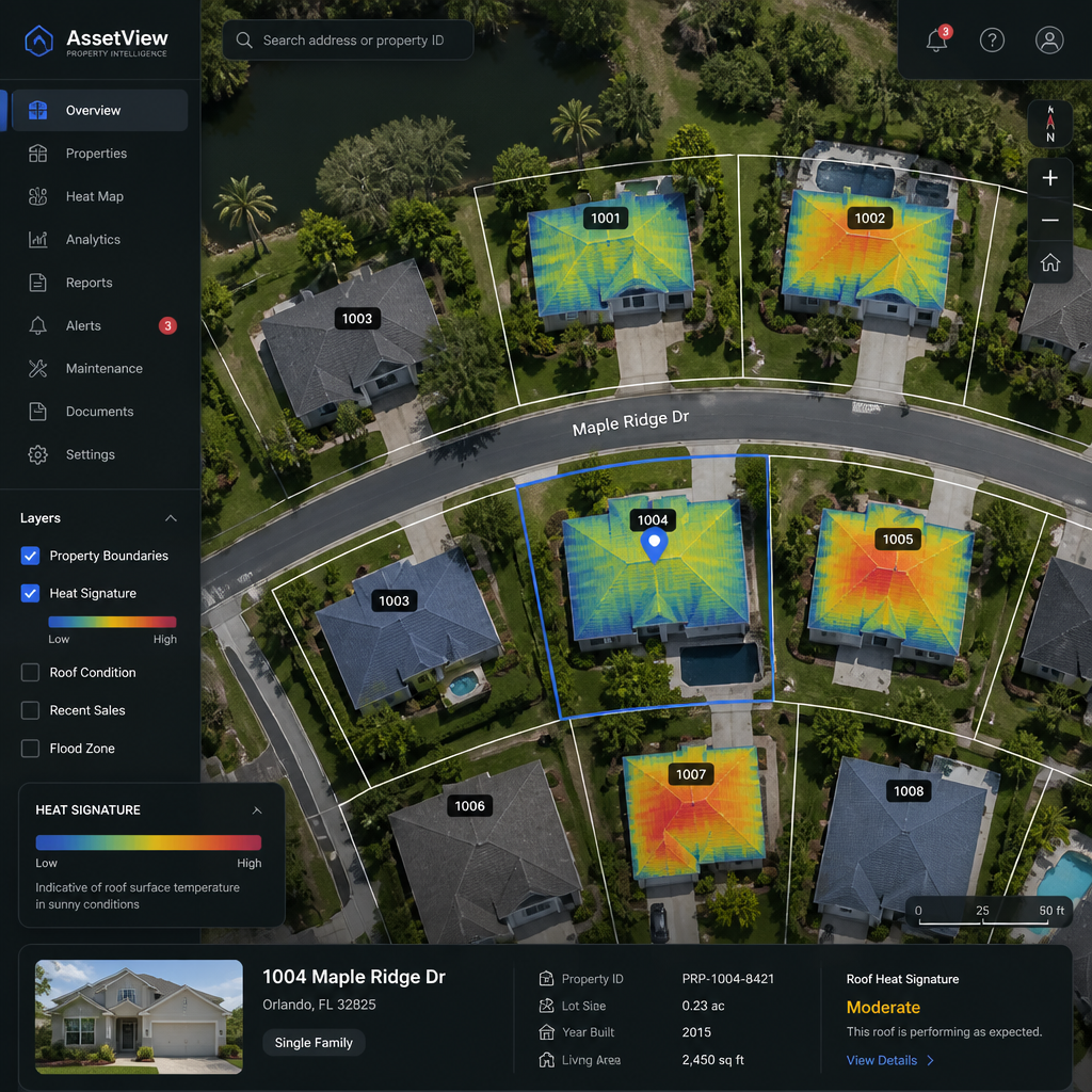 Luftfoto af et boligområde med digitale kortlag og markerede ejendomsgrænser