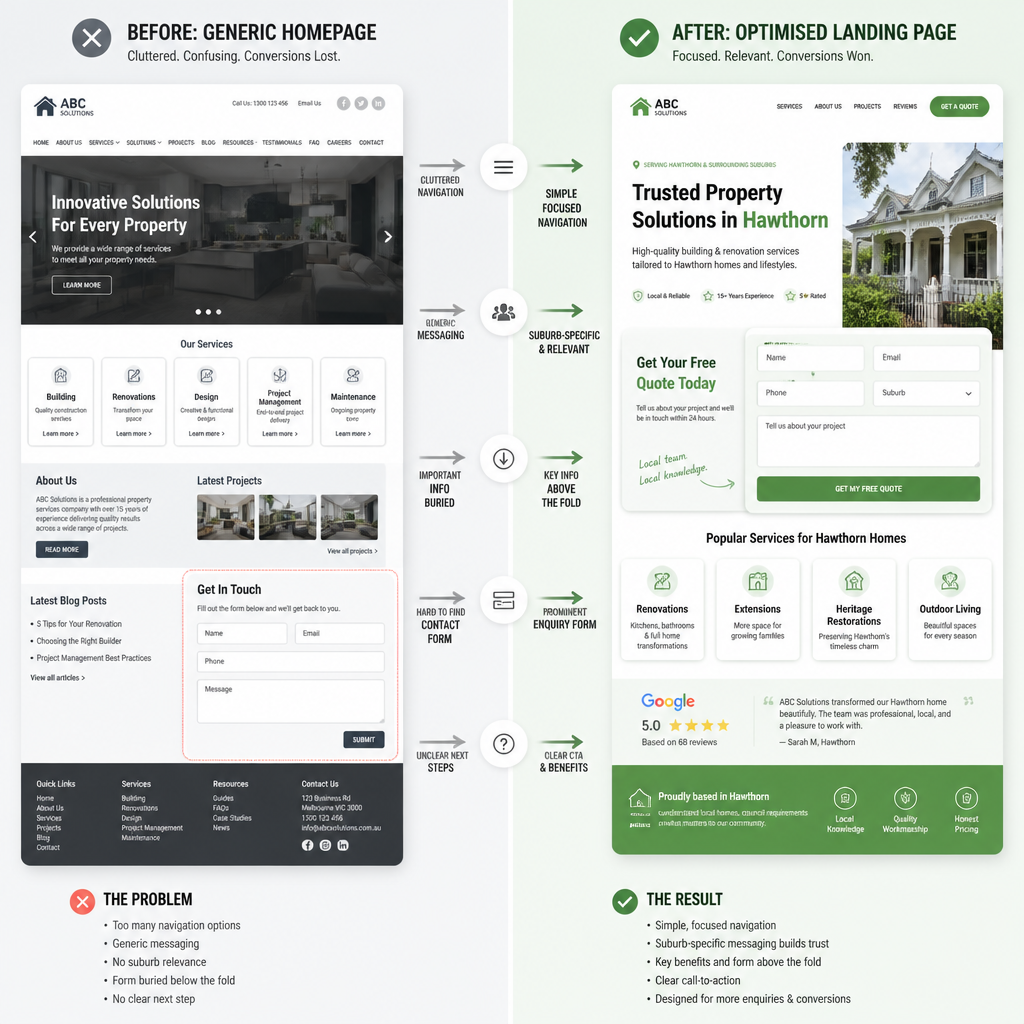 Before-and-after comparison of generic homepage versus optimized landing page design