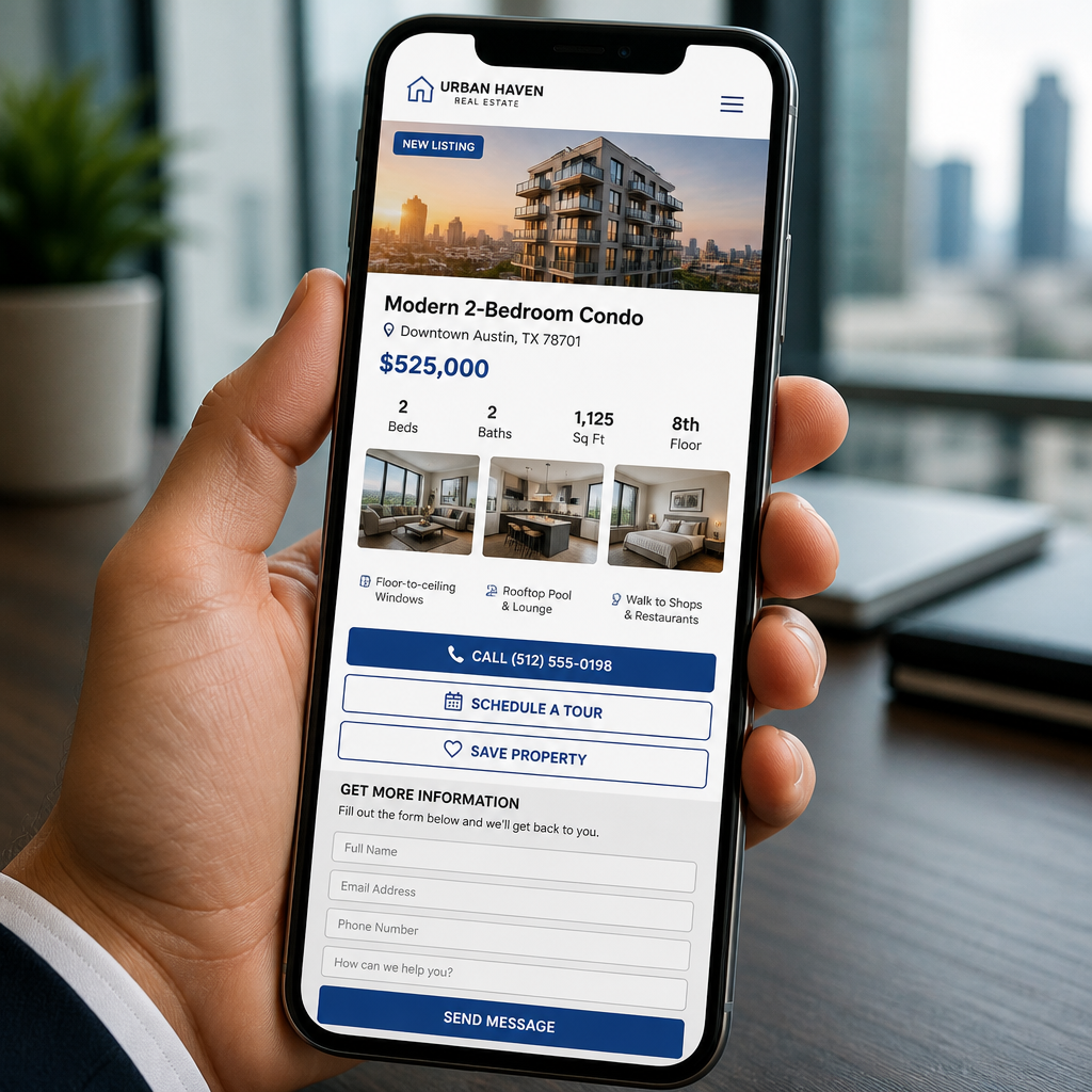 Mobile-responsive real estate landing page displayed on smartphone