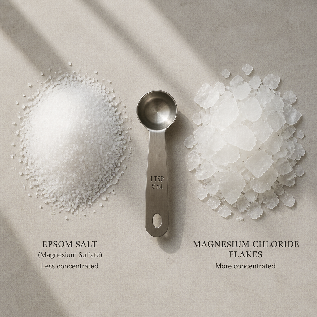 Magnesium flakes and Epsom salts displayed side by side for comparison