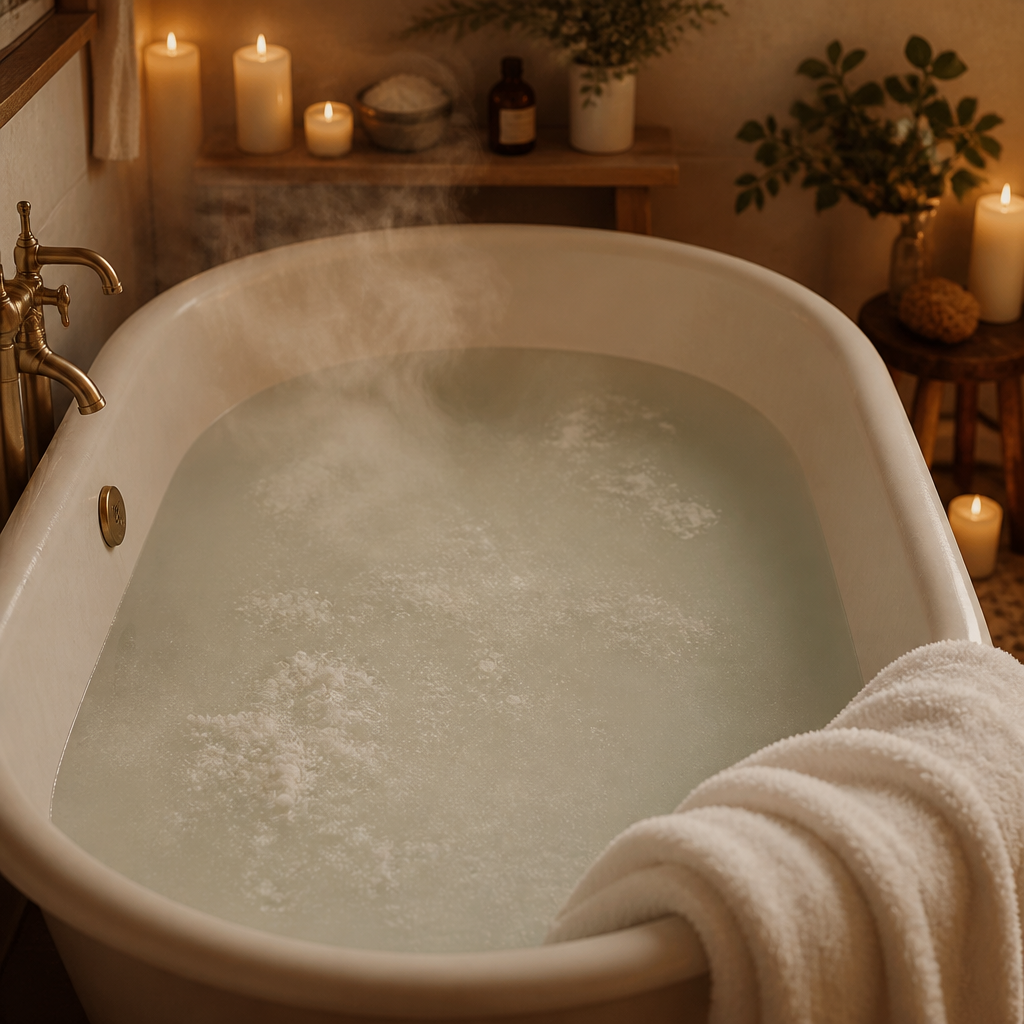 A prepared mineral bath ready for soaking with soft lighting and spa ambiance