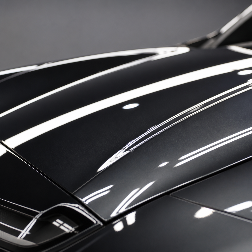 Close-up of a glossy ceramic-coated car paint surface with mirror-like reflections