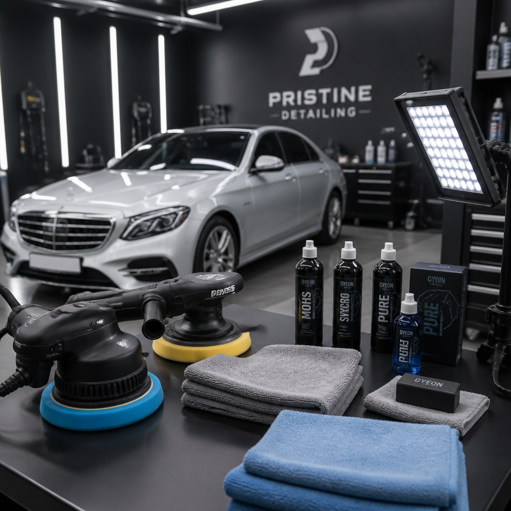 Professional car detailing shop workspace with polishing equipment and coating supplies