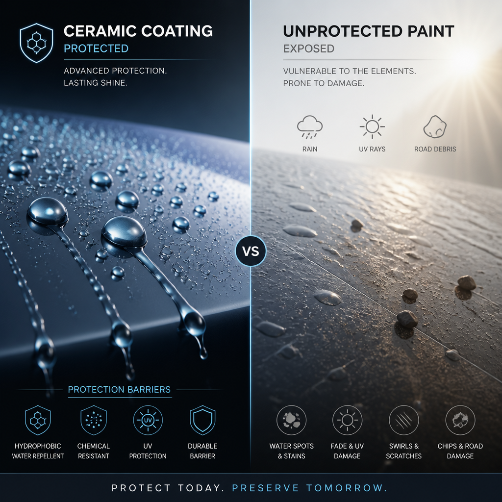 Split-screen comparison of water beading on ceramic-coated vs unprotected paint surfaces