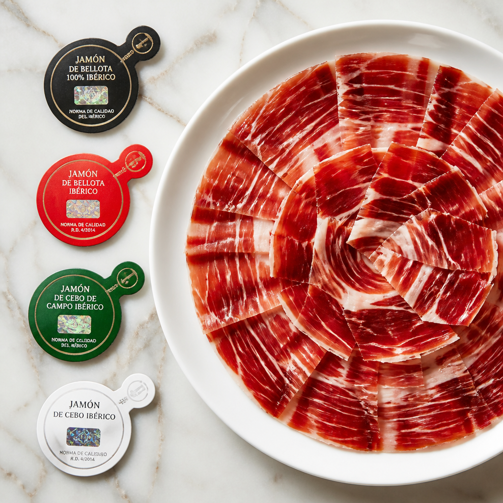 Jamón ibérico slices with colored security seals displayed on marble surface