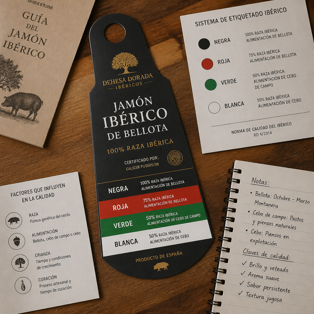 Jamón ibérico product label with color-coded classification system on wooden surface