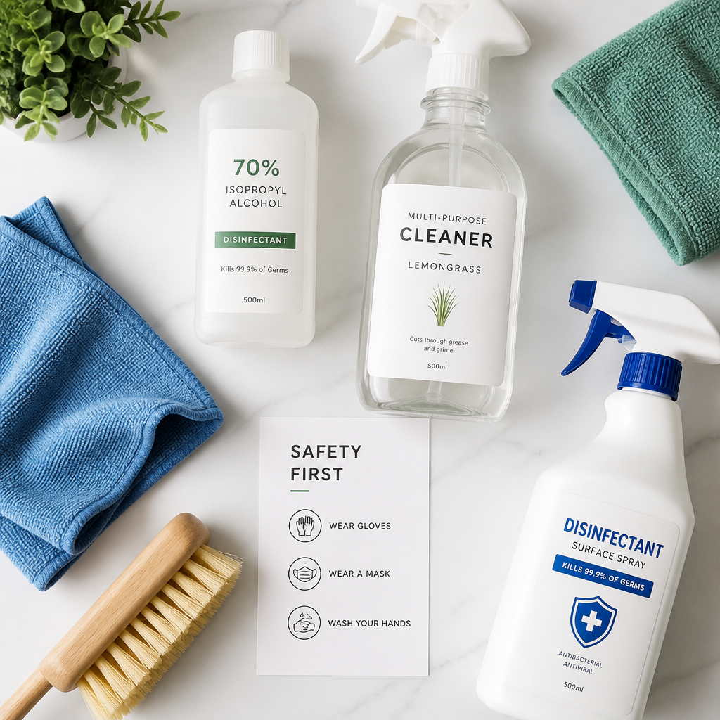 Childcare Centre Cleaning Standards Victoria Guide Organized childcare cleaning supplies and disinfectant products arranged for inspection in Cheltenham