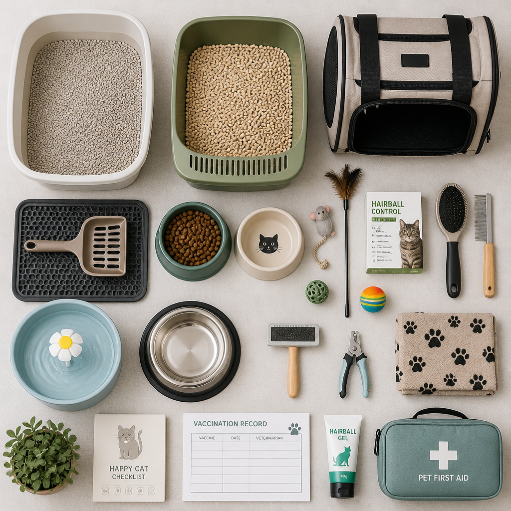 Cat care essentials including litter boxes, bowls, toys, and grooming tools arranged on a light background