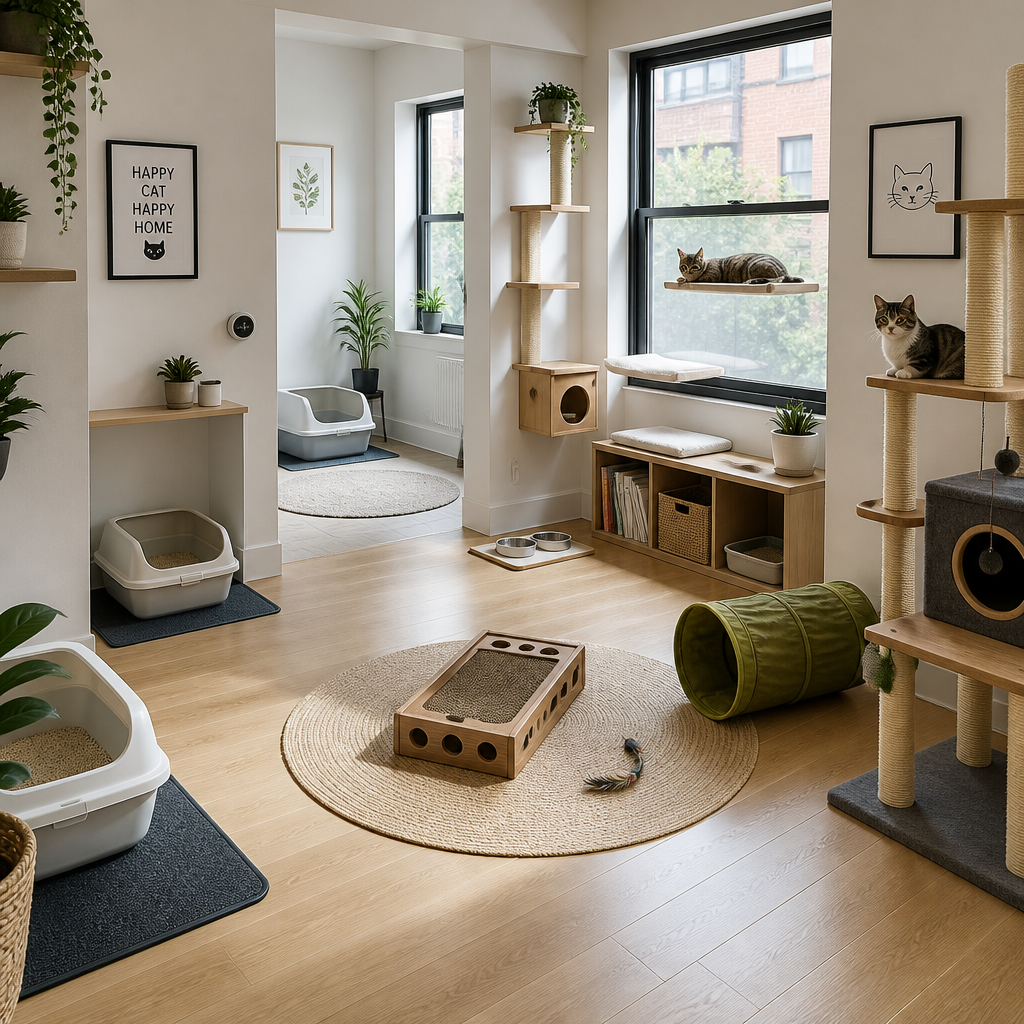 A well-designed home interior with cat care stations and enrichment areas