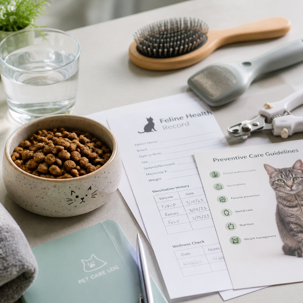 Cat nutrition and health care items including food, water, grooming supplies, and veterinary documents