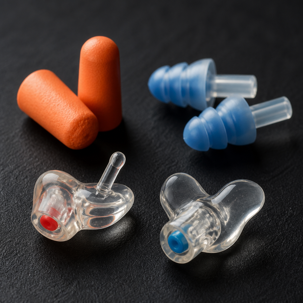 Close-up of various ear plug types showing foam, silicone, and custom-molded options