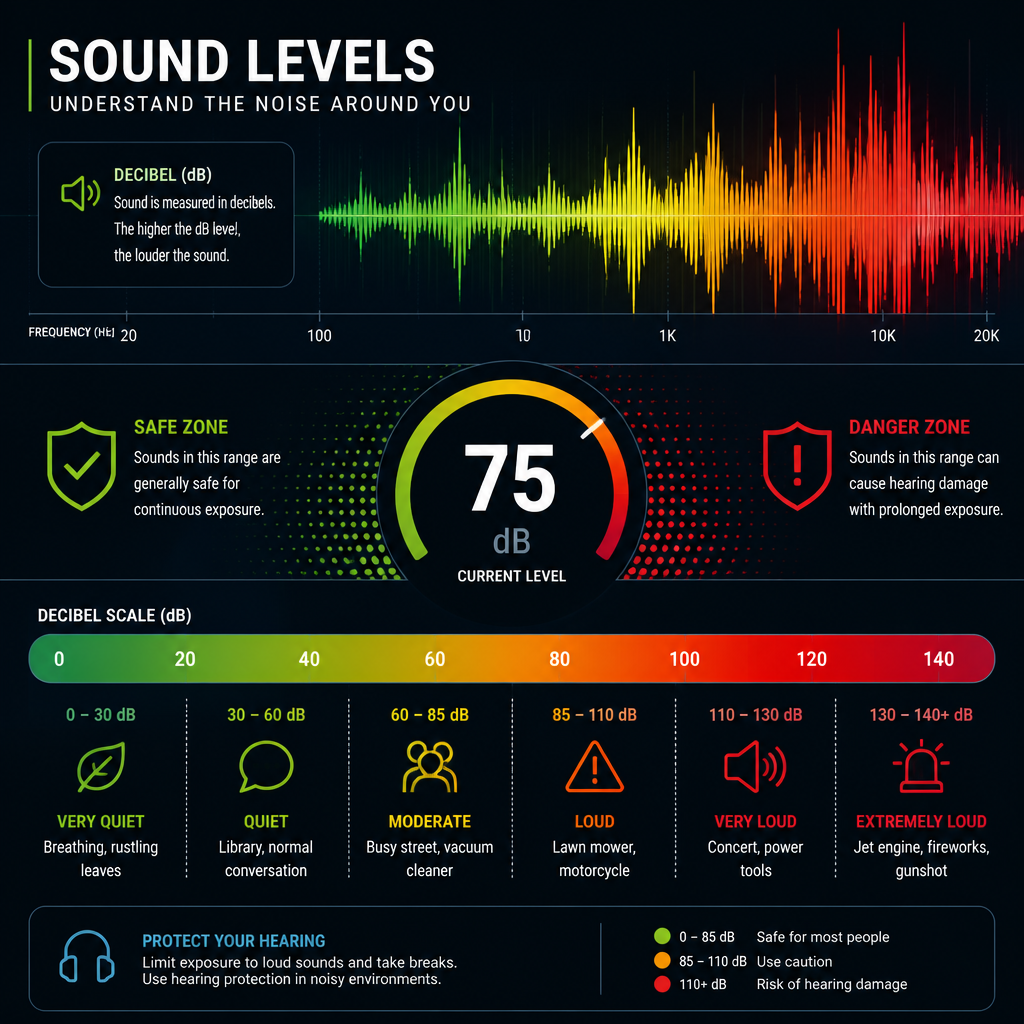 Sound wave visualization comparing safe decibel levels to concert noise exposure