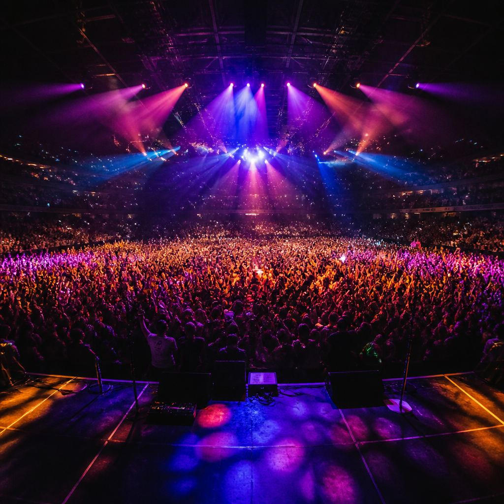 Concert stage view with energetic crowd and colorful lighting during a live performance