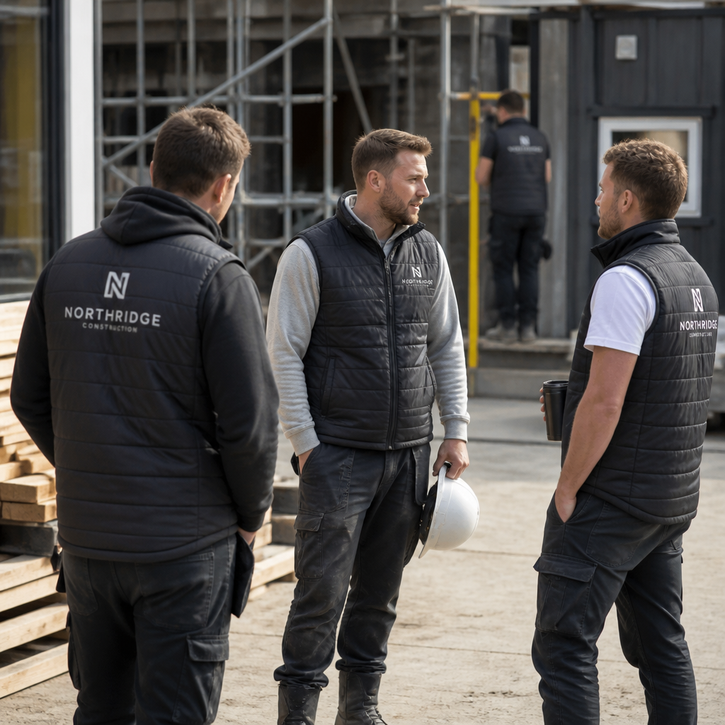 Construction workers wearing custom branded gilets on an outdoor work site