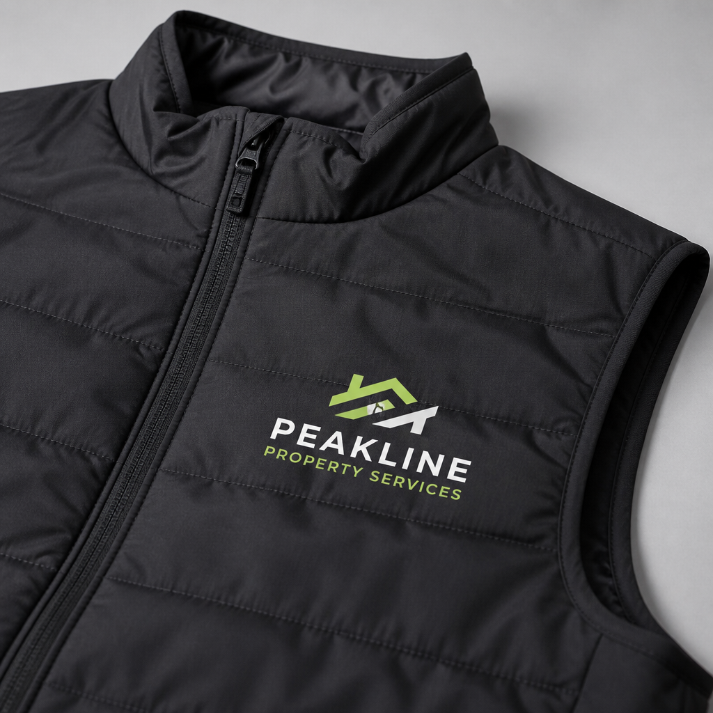 Detailed view of a custom printed gilet displaying DTF logo printing on the chest