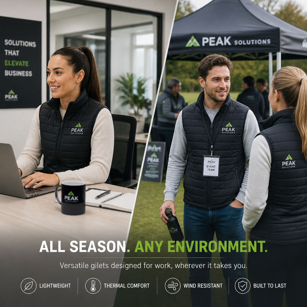 Branded gilets worn across multiple professional settings including office and outdoor event spaces
