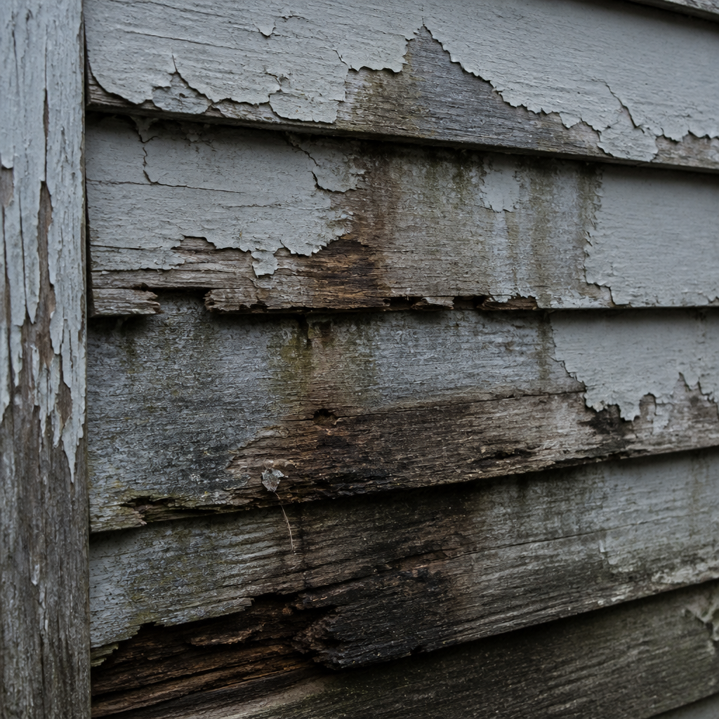 Weathered exterior siding with peeling paint and water damage from moisture exposure