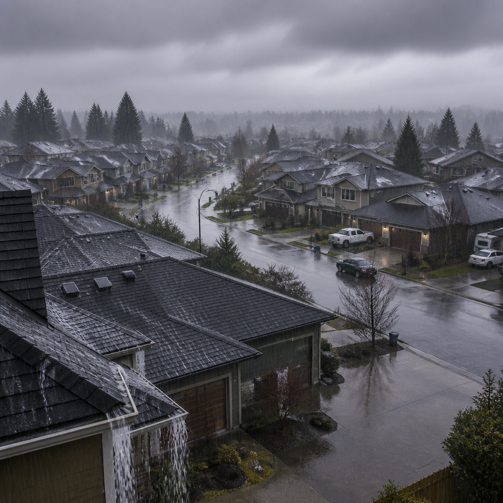 Residential neighborhood during heavy rain with wet surfaces and overcast sky