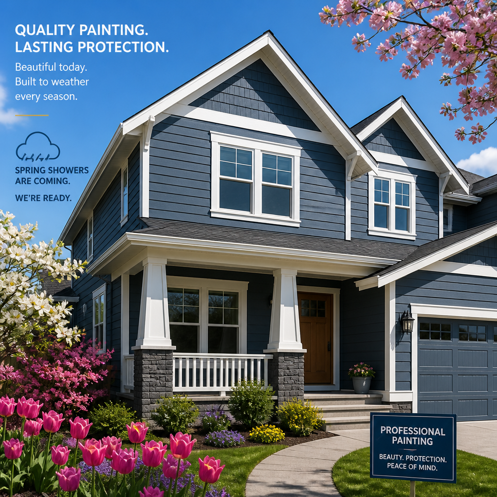 Freshly painted home exterior with clean finish and spring landscaping