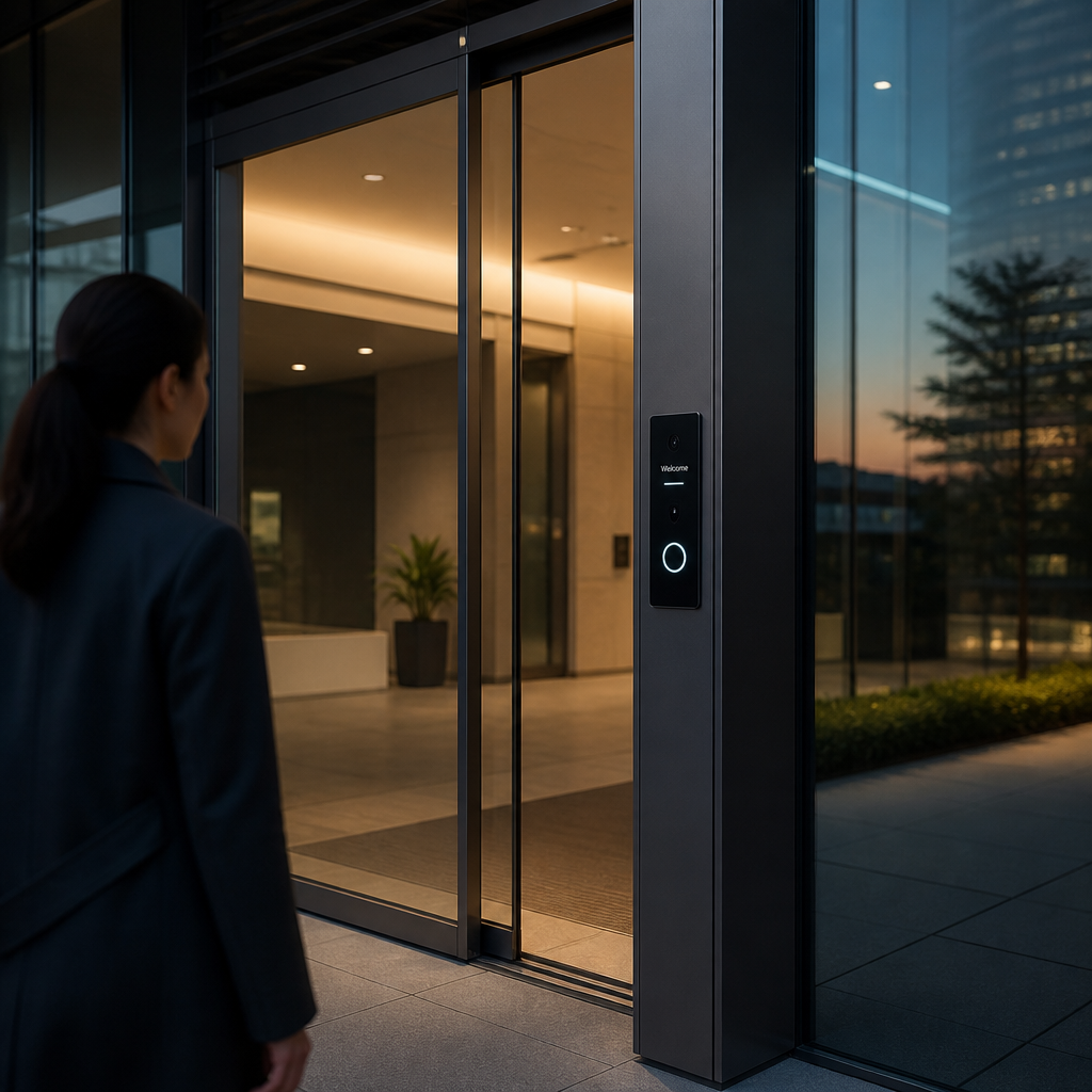 Modern office building entrance with biometric security panel at dusk