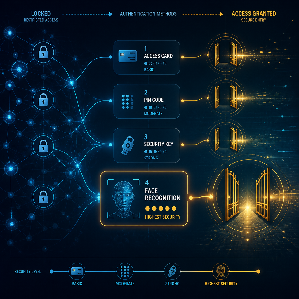 Digital visualization of facial recognition security system compared to legacy access methods
