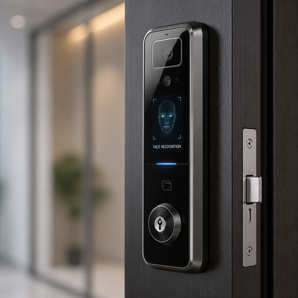 Biometric door lock hardware with facial recognition technology installed on building entrance