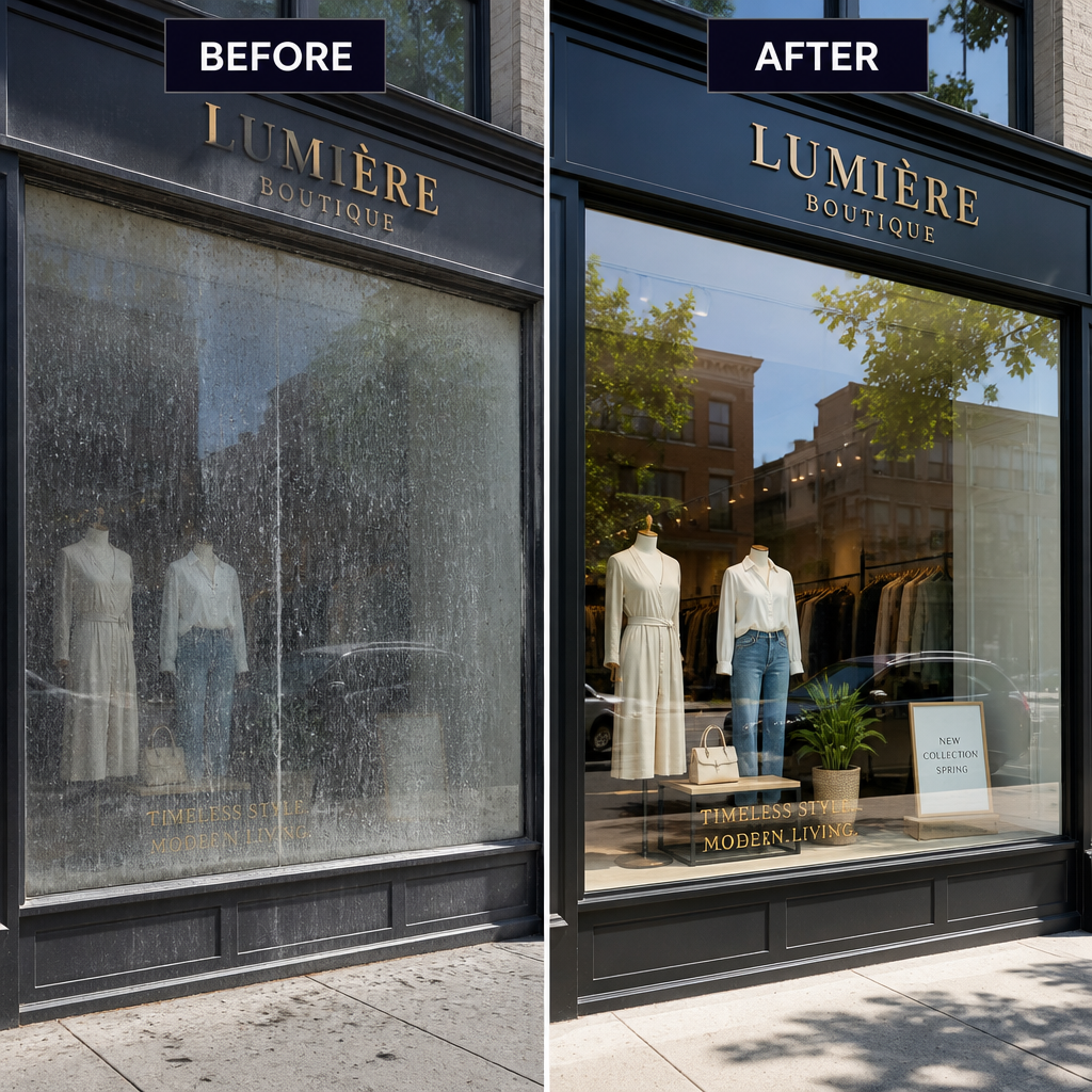 Before-and-after comparison of dirty versus clean commercial storefront windows