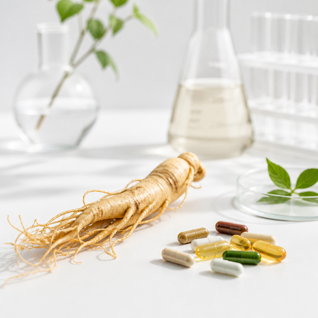 Ginseng root and multivitamin capsules on white surface with laboratory equipment