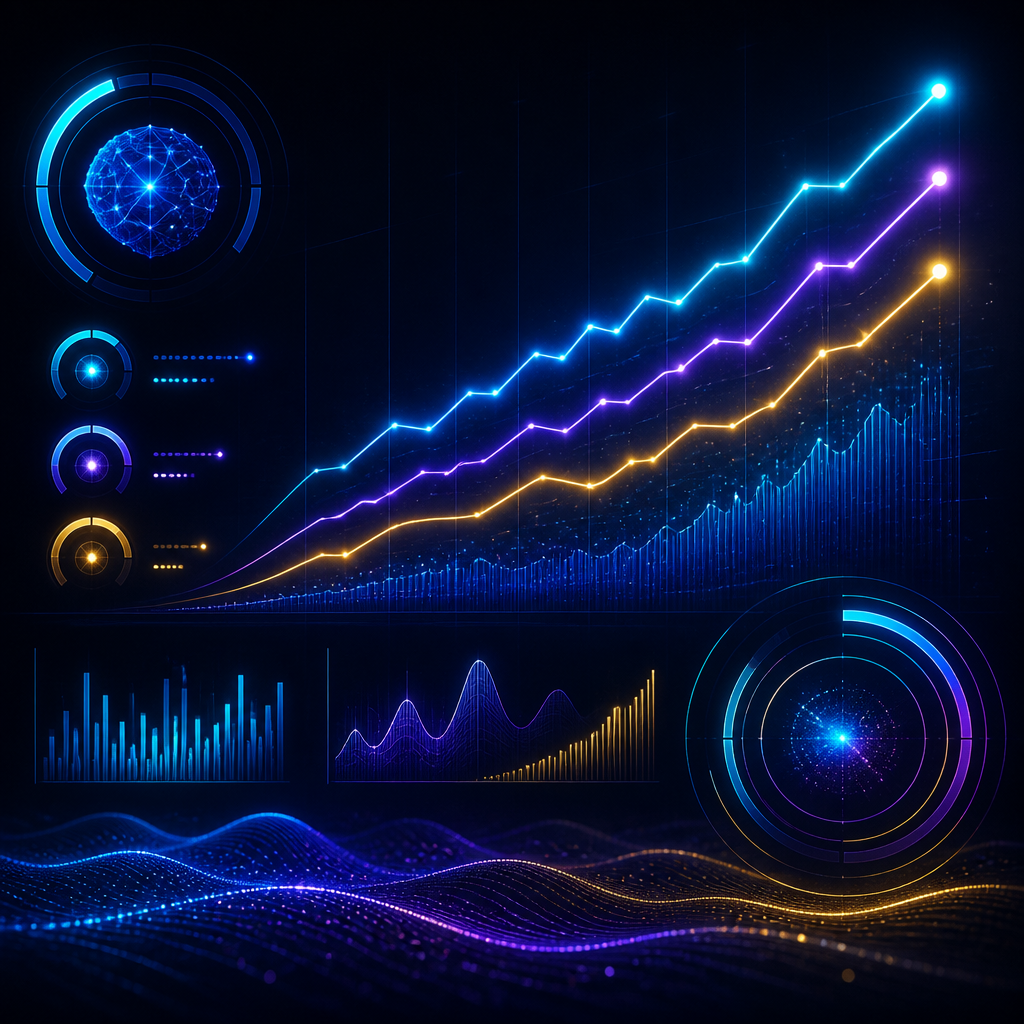 Digital graphs and performance metrics trending upward in abstract visualization