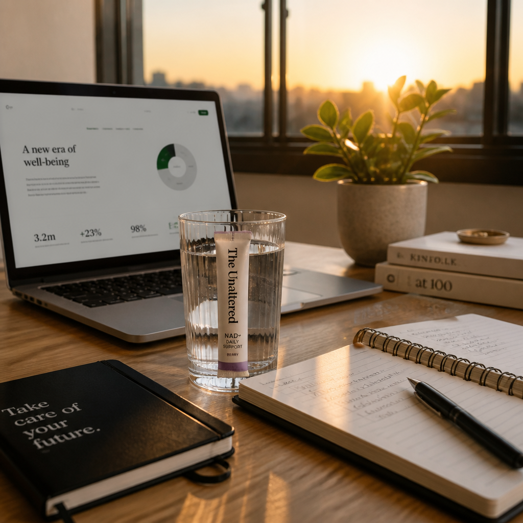 Organized workspace with supplement and productivity elements in natural light